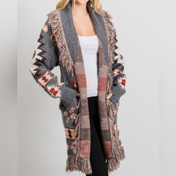 Tribal print Open front cardigan long sleeve fringe detail heavyweight - Picture 3 of 7